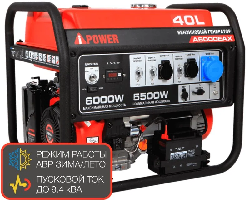 A-iPower Бензиновый генератор A6000EAX арт. 20118, 5,5кВт, 230В/50Гц, электростартер